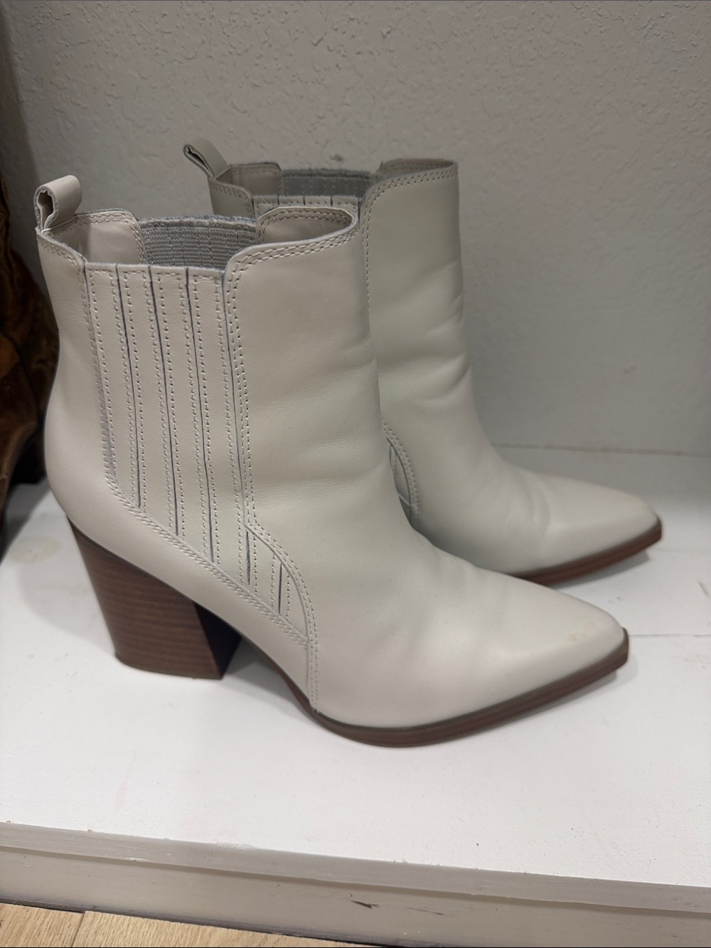 Marc Fisher Cream Pointed-Toe Ankle Booties with Stacked Heel